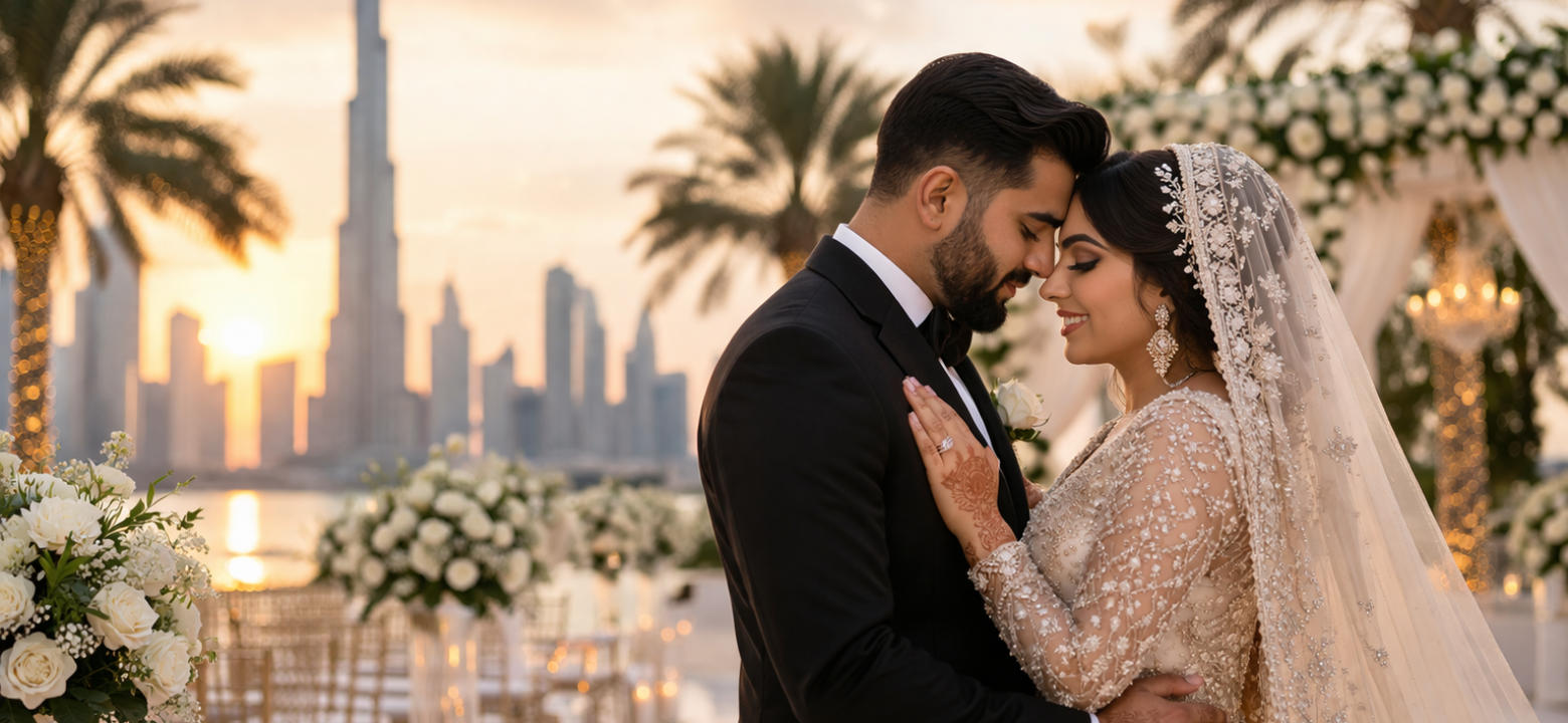 A romantic cinematic wedding portrait of a bride and groom, set in a luxurious Dubai outdoor wedding venue at sunset. The Burj Khalifa is visible in the background, with palm trees framing the scene and elegant floral arrangements lining the ceremony area.