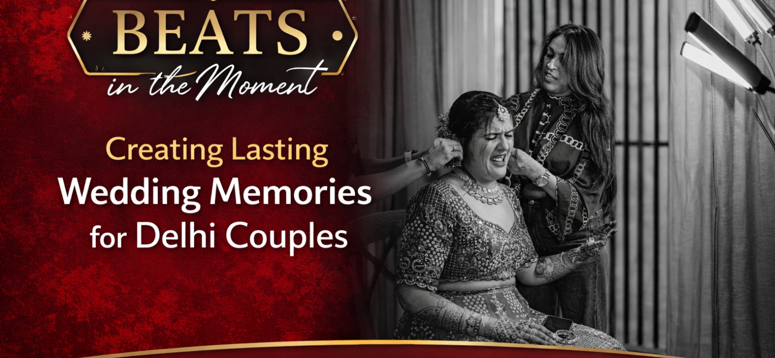 A candid wedding moment from Beats in the Moment featuring a bride being helped with her jewelry, capturing emotion and anticipation before the ceremony, with studio lighting highlighting the moment.