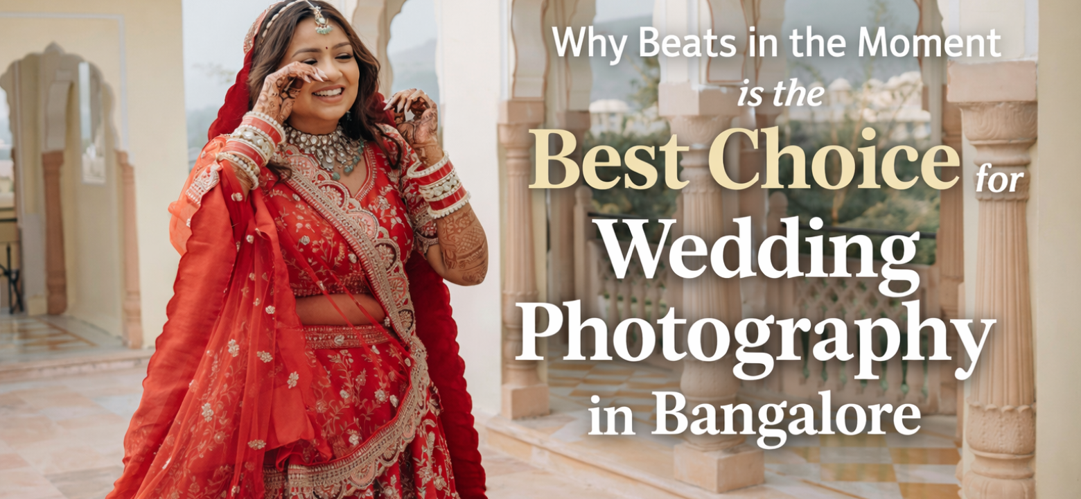 Indian bride in red traditional attire adjusting her maang tikka, with "Why Beats in the Moment is the Best Choice for Wedding Photography in Bangalore" text overlay.
