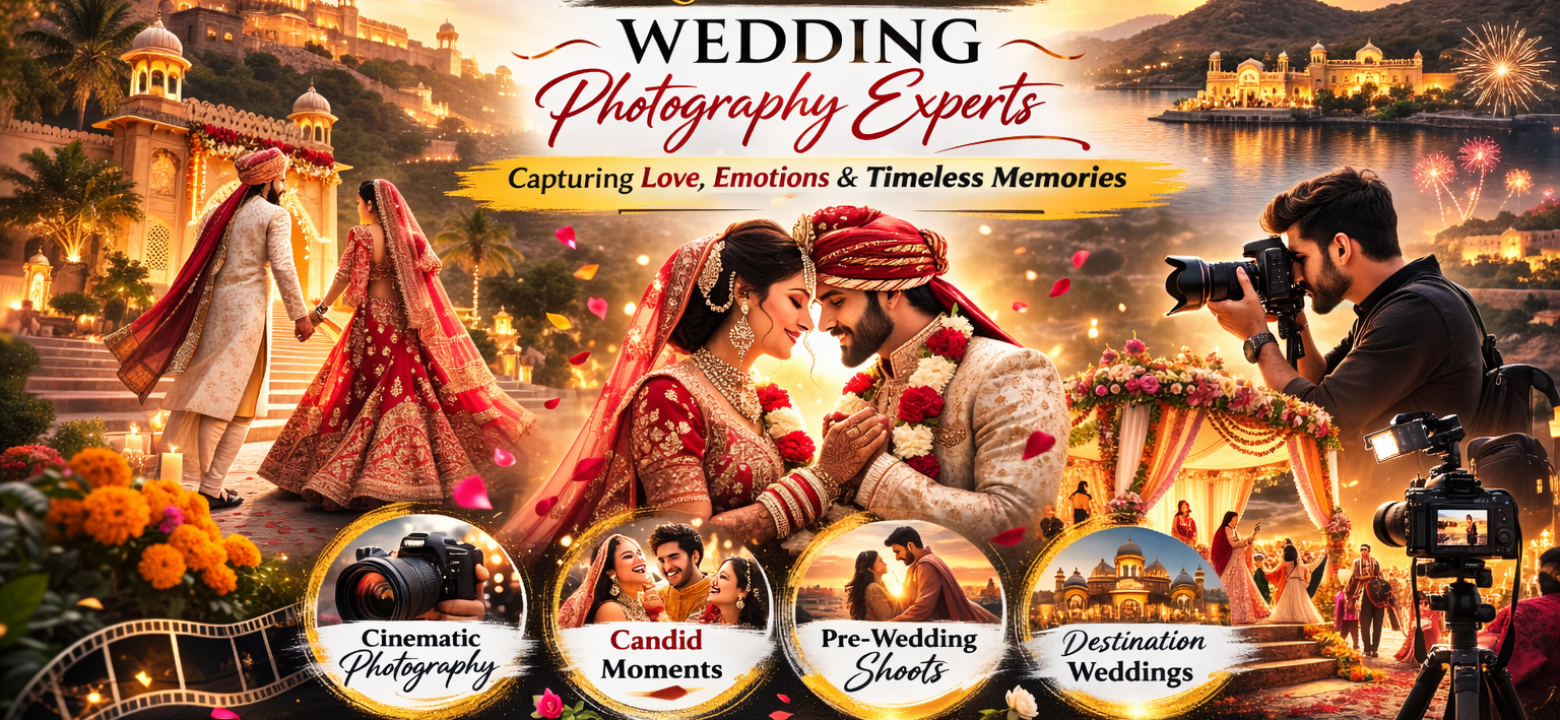 Promotional banner for Beats in the Moment featuring cinematic wedding photography, candid moments, and cinematic wedding films with a stunning Rajasthan backdrop.