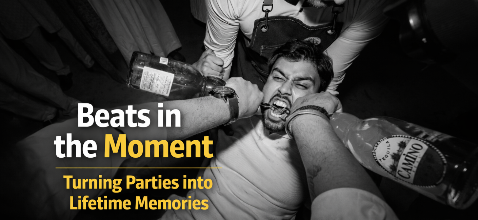 Friends playfully pouring drinks while a man laughs during a lively party captured by Beats in the Moment party photographer