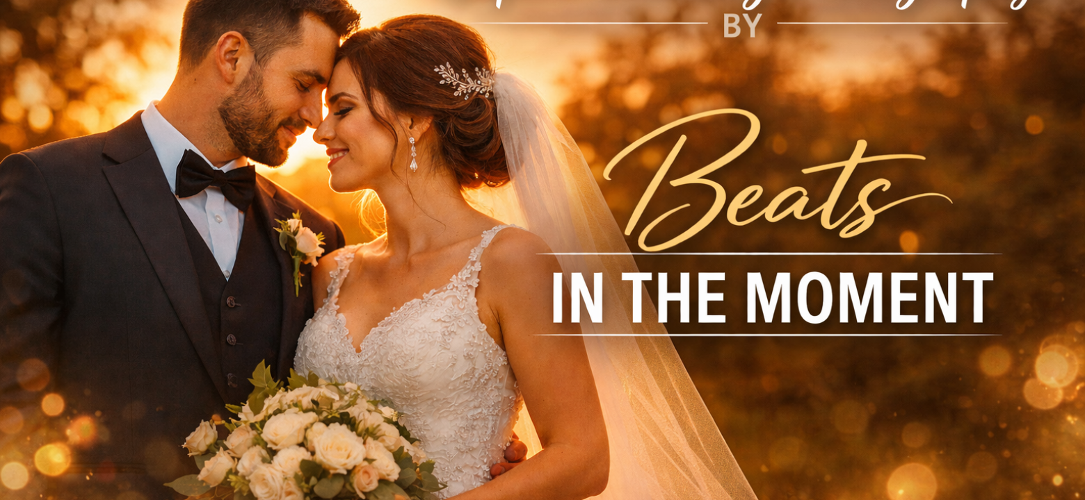 Wedding couple in a golden hour embrace with the title "Expert Wedding Photography by Beats In The Moment.