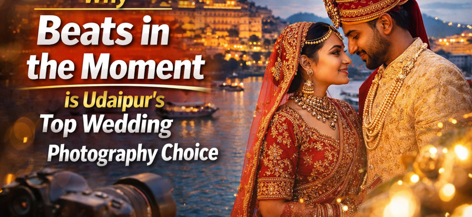 Featured image for Beats in the Moment blog, showing a bride and groom in front of Lake Pichola, with the caption "Why Beats in the Moment is Udaipur’s Top Wedding Photography Choice.