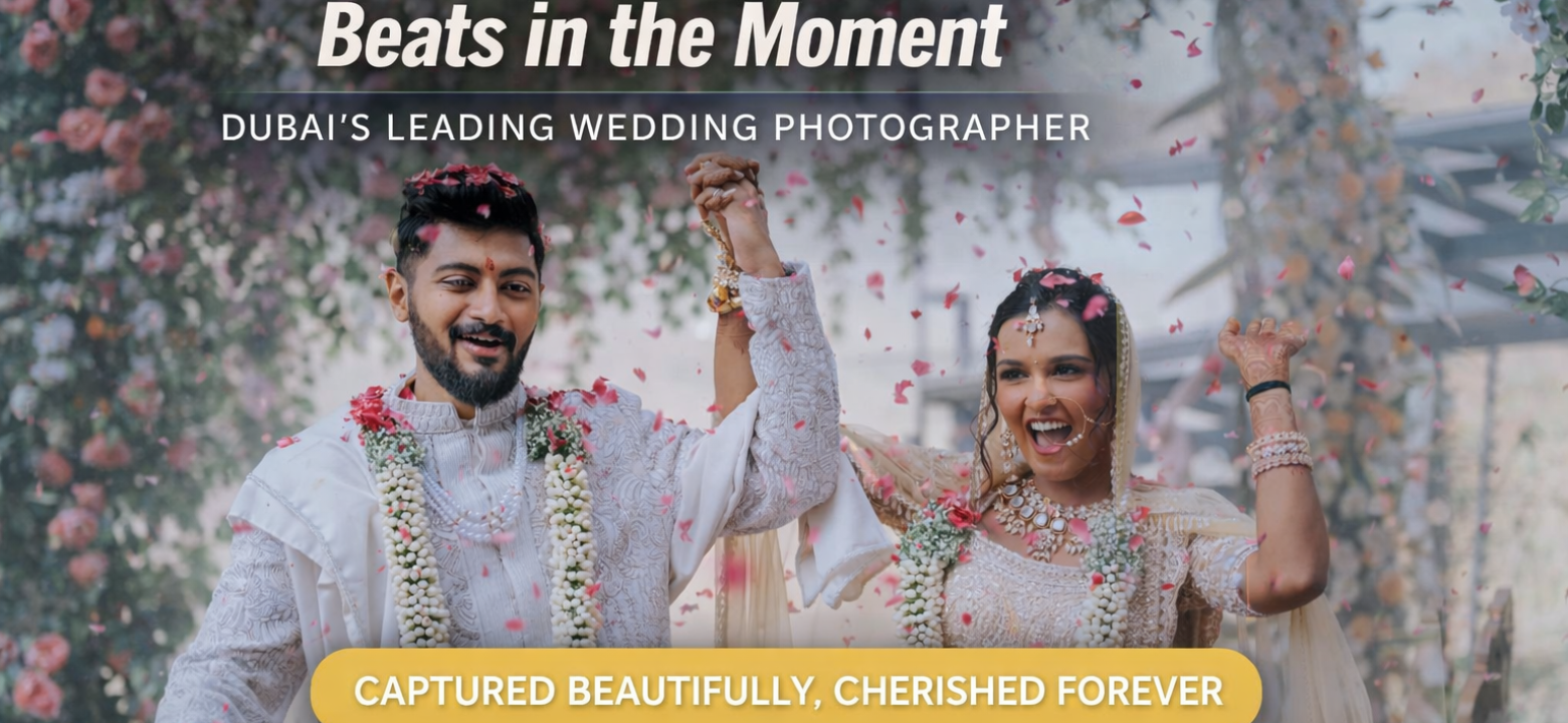 Wedding couple captured by Beats in the Moment, with the bride in a beige and gold lehenga and the groom in a white embroidered sherwani, surrounded by rose petals during their ceremony in Dubai.