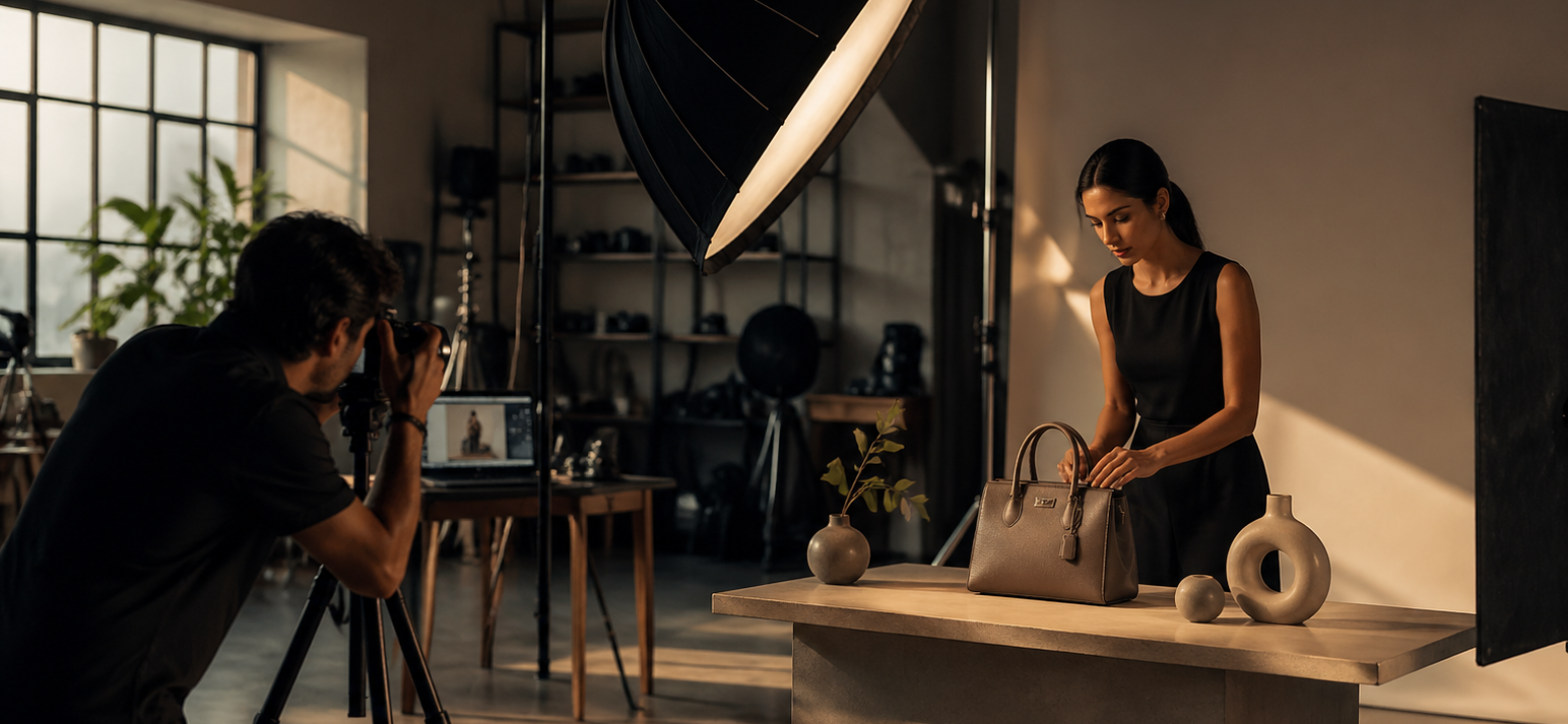 A professional product photography session in an industrial-style studio with a model arranging a designer handbag, illuminated by soft lighting.